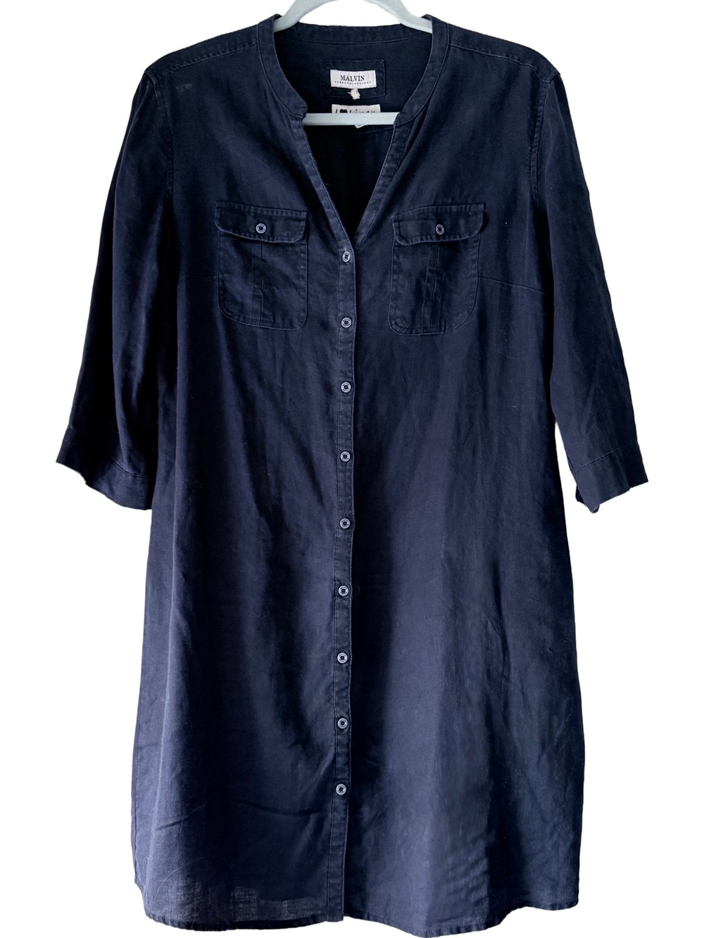 MALVIN I love linen navy Button-Front Shirt Dress 10, mandarin 100% cotton linen